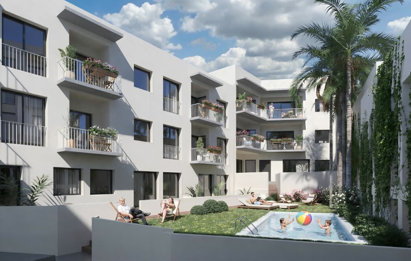Imagen virtual del patio comunitario del Residencial Gravina Guíxols, con piscina, césped y los balcones de las viviendas