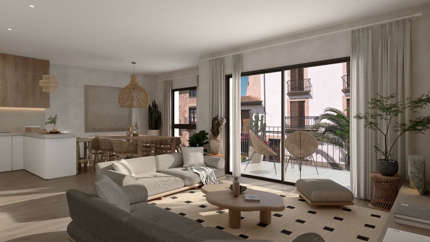 Imagen virtual del salón comedor de una vivienda, con cocina abierta y salida a la terraza